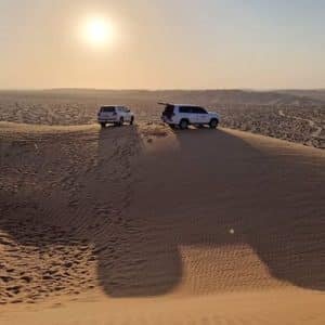 Panoramic scene of Oman tours showing desert dunes, wadis, mountains, coastline, camels, and traditional Omani architecture at sunset