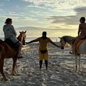 Equitazione sulla spiaggia di Salalah durante il tramonto con onde e palme